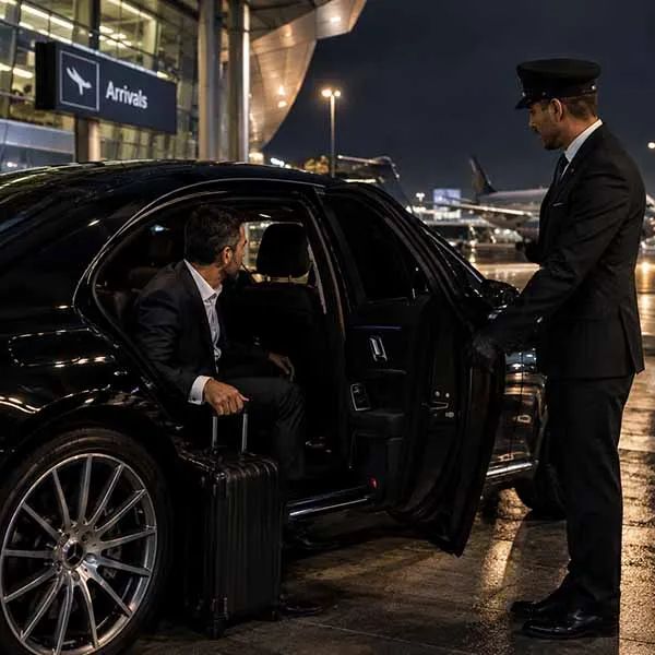 professional chauffeur open the door for a corporate client at the airport
